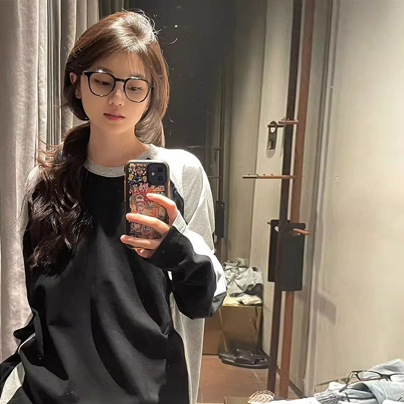 美式復古撞色長袖t恤女秋季2023年新款設計感小眾薄款寬鬆打底衫