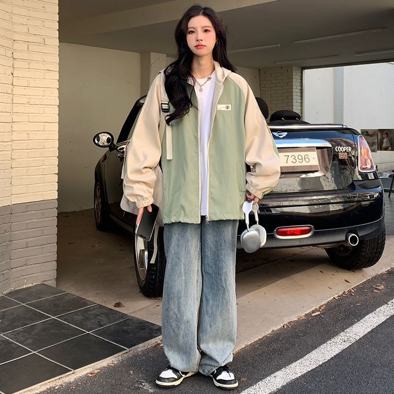 Hooded jacket for women 2023 spring junior high school and high school students Korean style loose versatile workwear baseball uniform jacket Hong Kong style