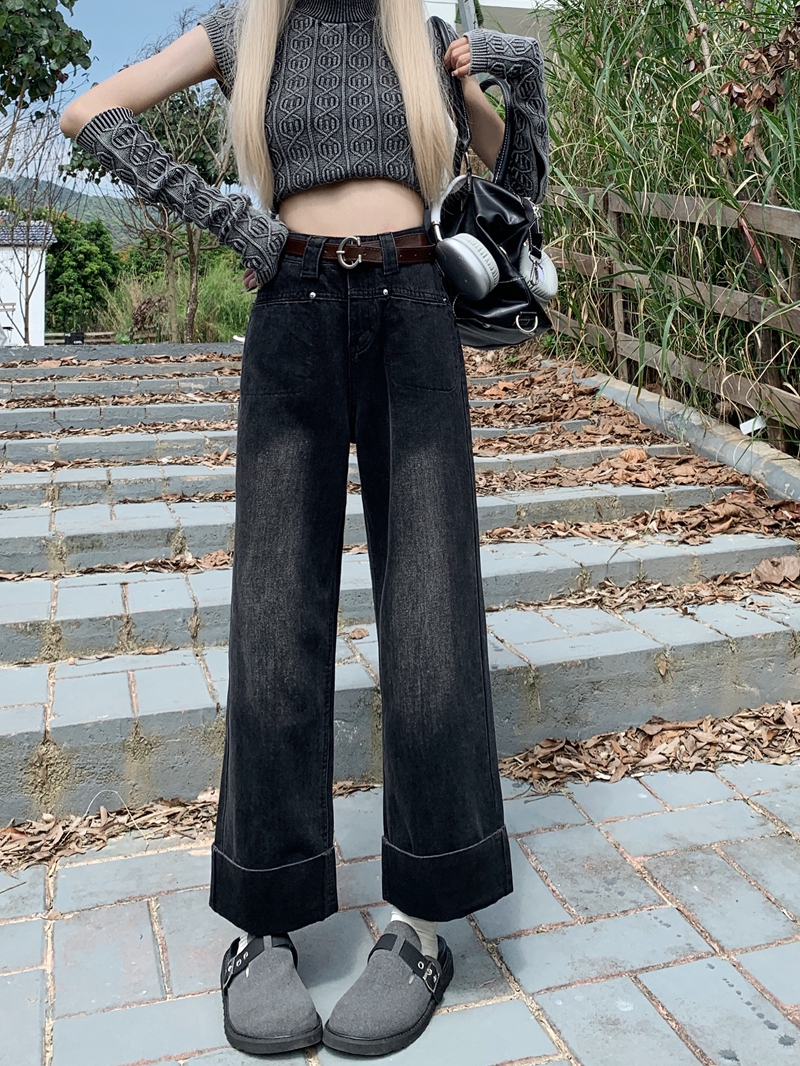 Actual shot#New black denim trousers for women with design cuffed straight wide-leg pants
