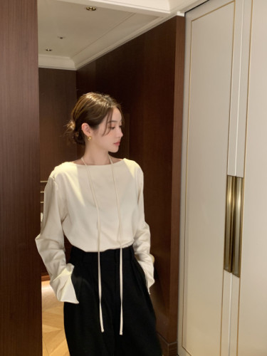 韩国chic新款法式复古设计感气质圆领挂脖系带长袖衬衫