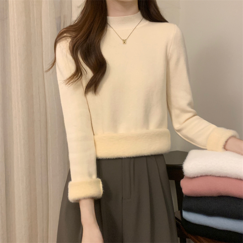 實拍  加絨加厚保暖打底毛衣女一體水貂絨半高領內搭針織衫