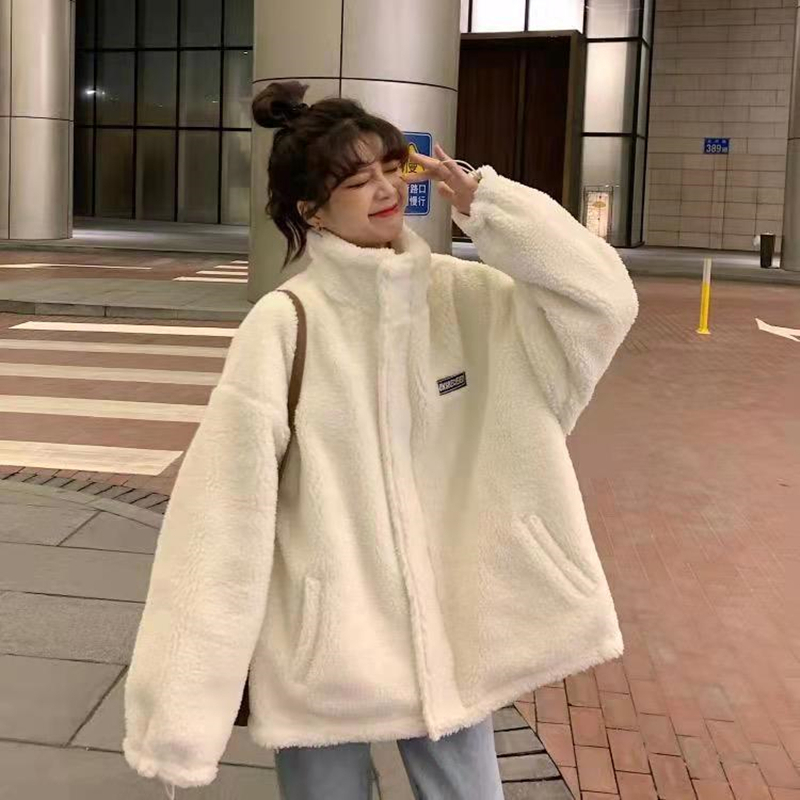 Official picture of reversible imitation sherpa jacket for women in autumn and winter, new Korean version thickened cotton coat, warm cotton coat for women