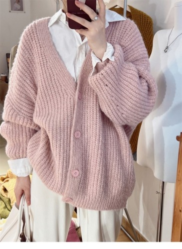 韩国粗针大码女装加厚毛衣宽松外套纯色韩版学院风气质开衫针织衫