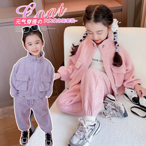 女童秋冬加绒套装新款洋气儿童韩版工装中小童休闲童装两件套