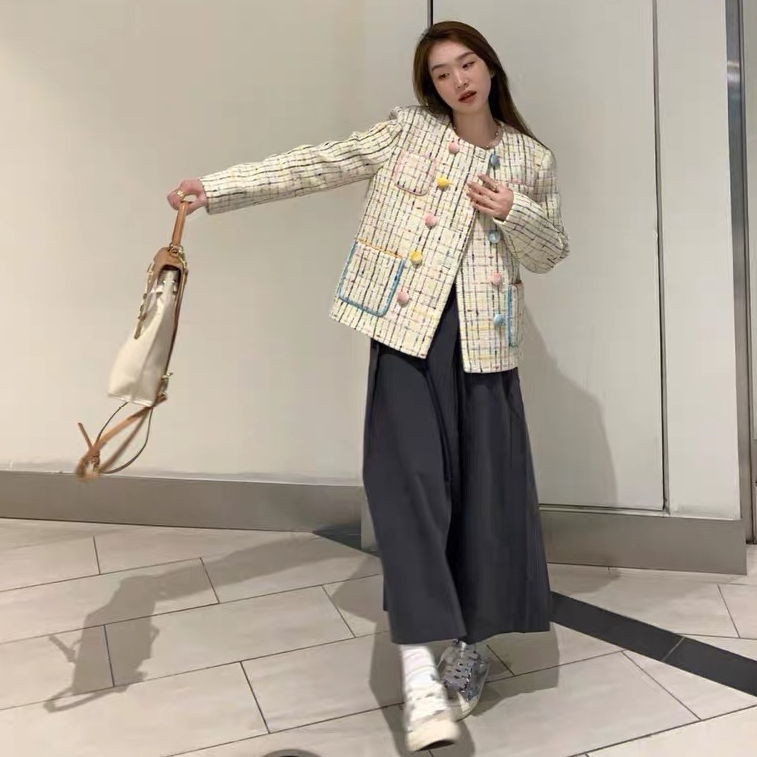 High-end small fragrance color plaid jacket women's spring and autumn design niche retro jacket top ins