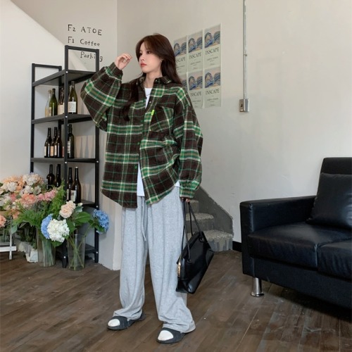 Retro green woolen plaid shirt jacket for women autumn mid-length loose bf lazy style shirt