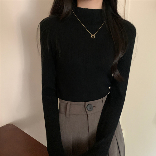 Real shot of new autumn and winter half turtleneck knitted sweater slim long-sleeved bottoming shirt top