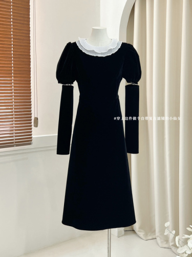 圣耳曼多多秋季新款花边领含袖套遮胯黑色丝绒连衣裙女