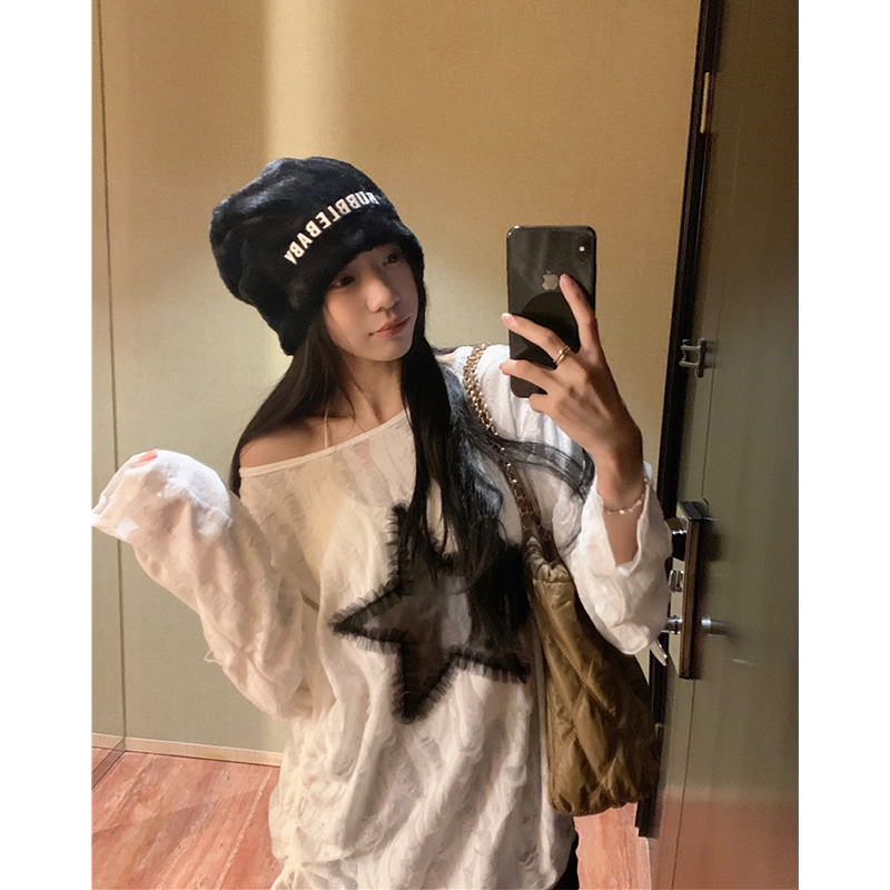 秋季灰色圓領長袖T恤女慵懶寬鬆破洞星星薄款T恤女