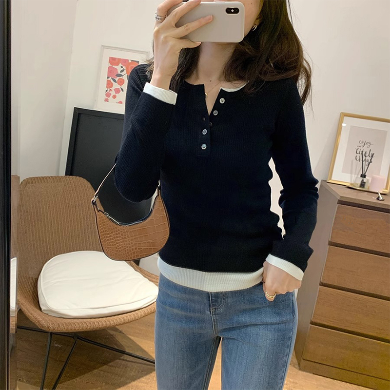 假兩件針織衫女2023新款秋冬季小香慵懶風毛衣內搭打底衫修身上衣