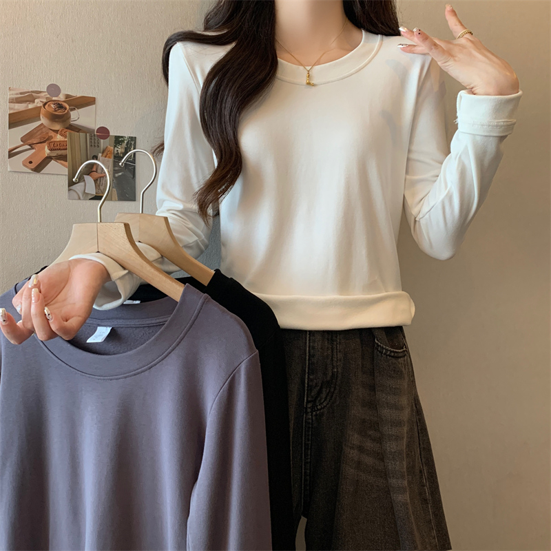 實拍 秋裝韓版圓領1*1人棉後包領修身打底衫長袖T恤女