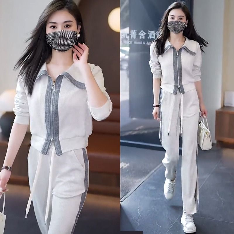 時尚休閒套裝女兩件套春秋運動服洋氣拼色衛衣拉鏈外套長褲子