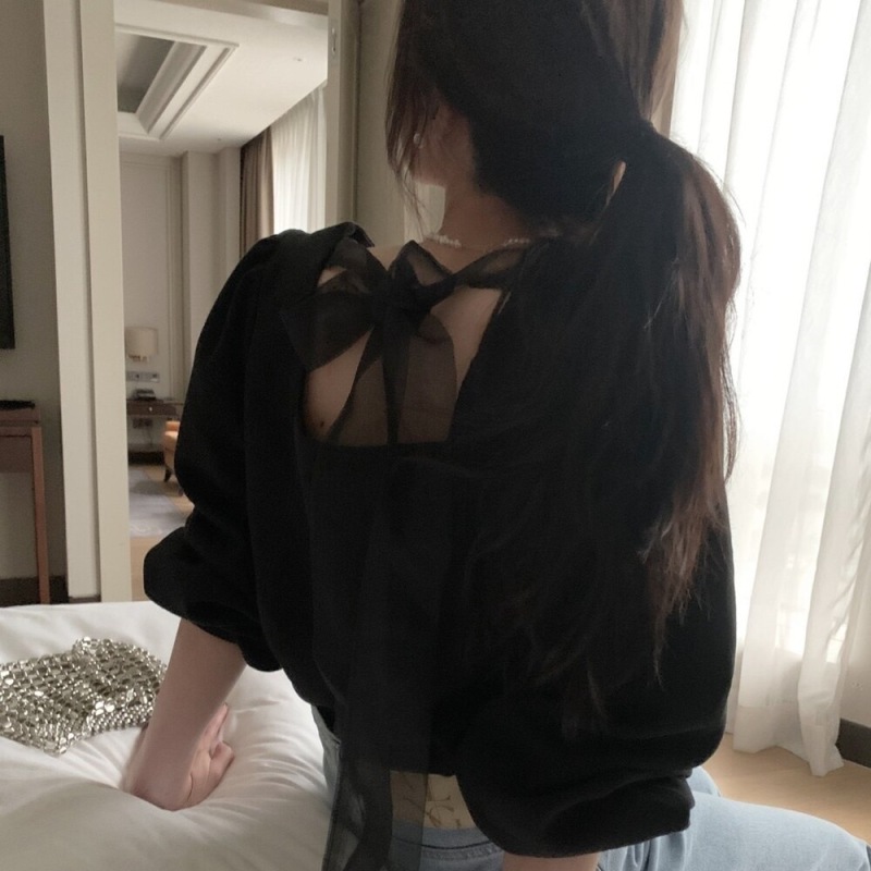 韓國INS博主款溫柔風洋氣後背蝴蝶結網紗系帶泡泡袖襯衫上衣