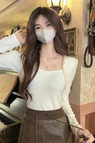 Actual shot of Pure Desire French T-shirt for women, bottoming shirt, high-end square collar, clavicle-exposed long-sleeved top