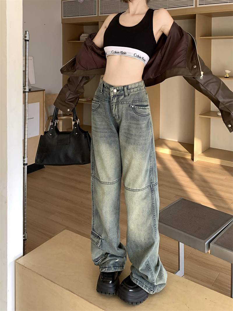 Real shot!  Retro design pocket cargo jeans for women high street washed casual bootcut trousers