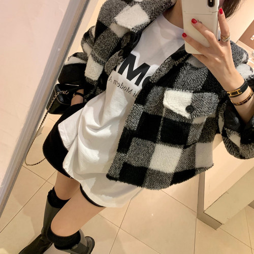 Lapel Internet celebrity fashionable retro plaid quilted woolen short coat for women