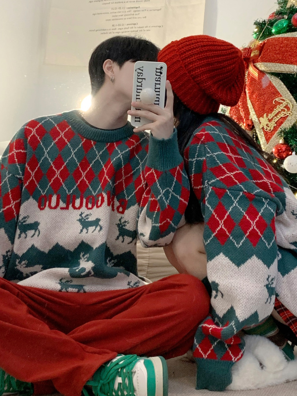 Hong Kong trendy brand winter loose Christmas sweater men's Korean version ins thickened red couple style sweater