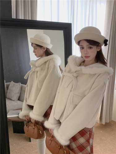 Actual shot ~ New winter style fox fur woolen coat for little people with bow knot double-sided cashmere woolen coat