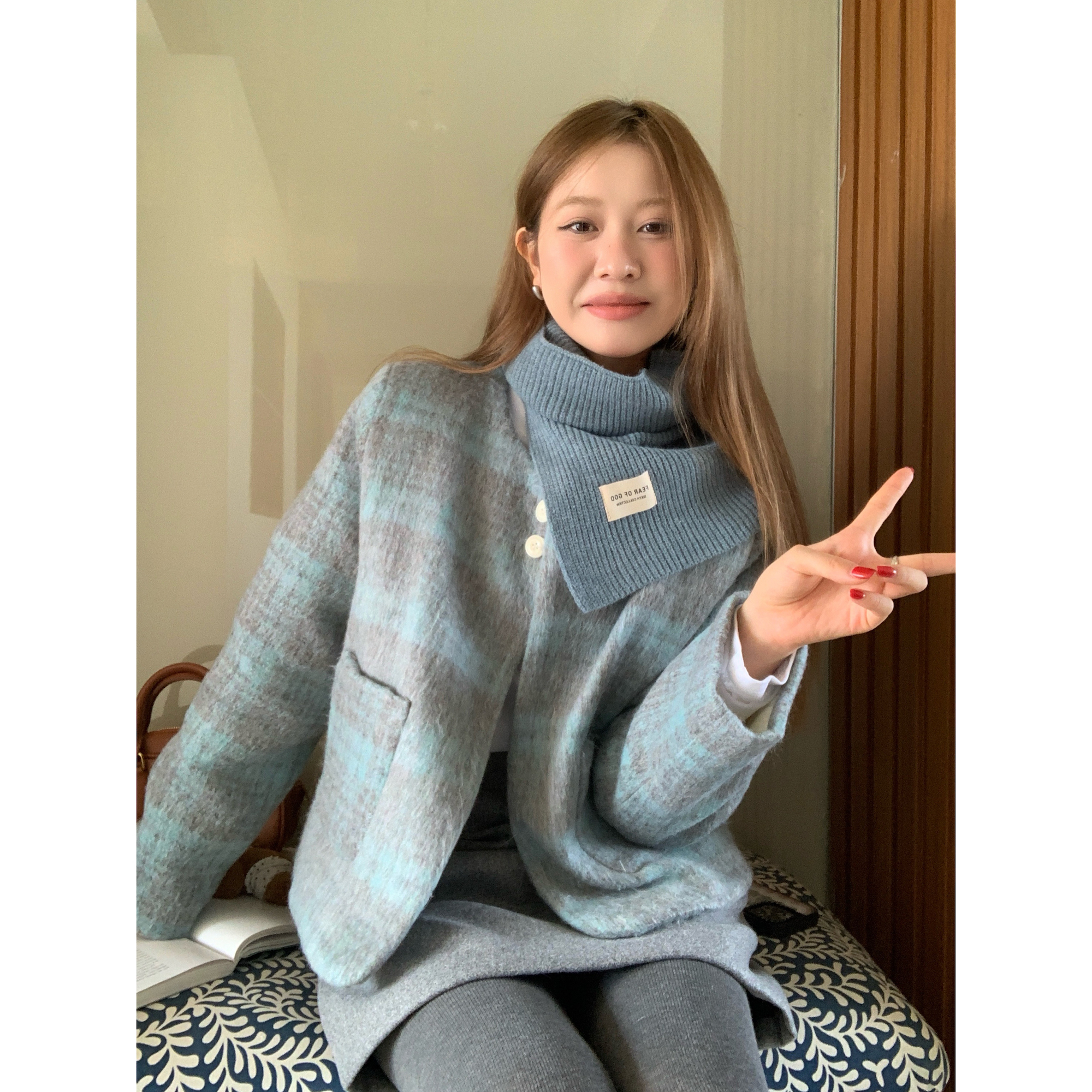 實拍  羽絨內里  保暖  毛呢格子外套 配圍巾