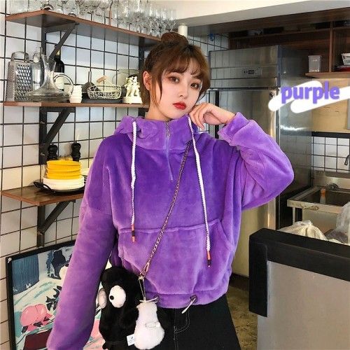 Autumn and winter Korean version of the new ultra-short pullover jacket, trendy and loose bf lazy fleece warm hooded sweatshirt for women