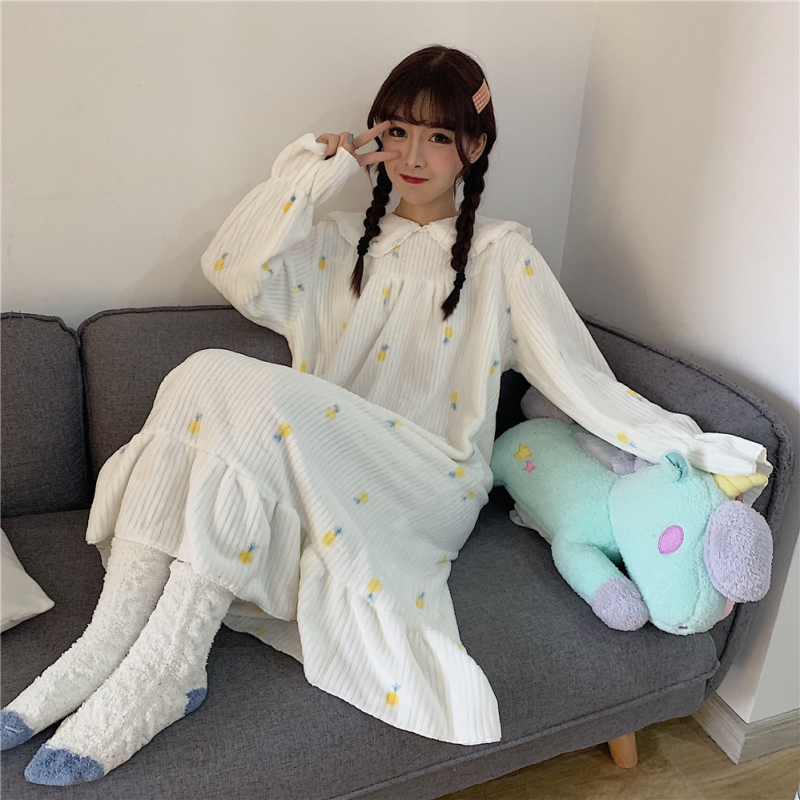 實拍 加絨加厚冬季菠蘿圖案毛絨睡裙冬季長款睡衣可愛家居服女