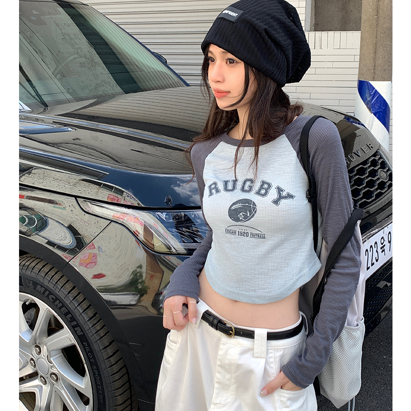實拍秋冬辣妹短款高腰修身上衣女裝秋裝美式復古撞色長袖T恤潮