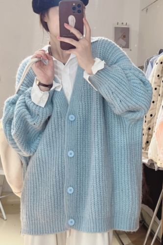 韩国粗针大码女装加厚毛衣宽松外套纯色韩版学院风气质开衫针织衫