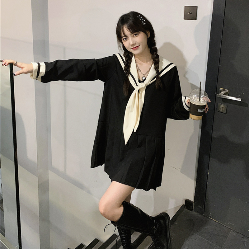 學院風海軍領黑色裙子秋夏季新款小眾設計感小個子大碼女裝連衣裙