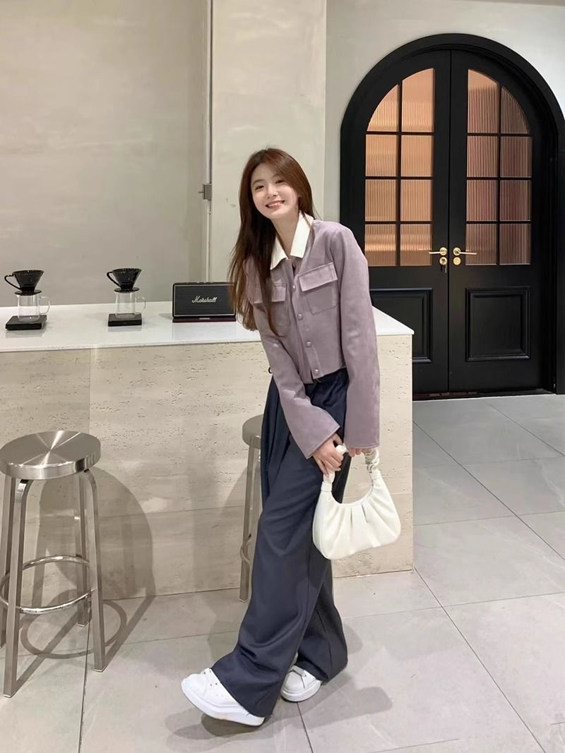 Contrast color lapel imitation buckskin long-sleeved jacket for women autumn 2023 new fashion high-end temperament jacket top