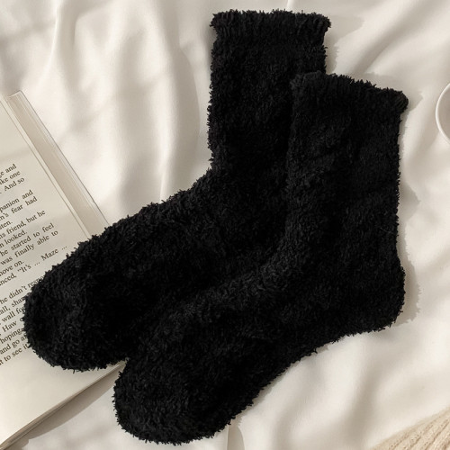 实拍价~珊瑚绒袜女中筒袜秋冬季加绒加厚保暖麻花睡眠地板袜