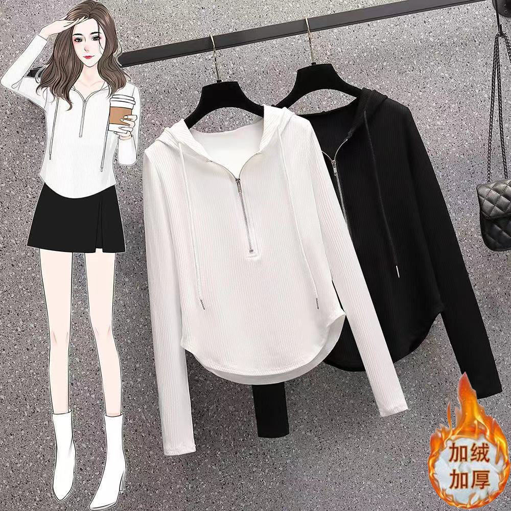 Threaded hooded T-shirt women's long-sleeved 2023 autumn and winter velvet thickening slimming versatile design bottoming top