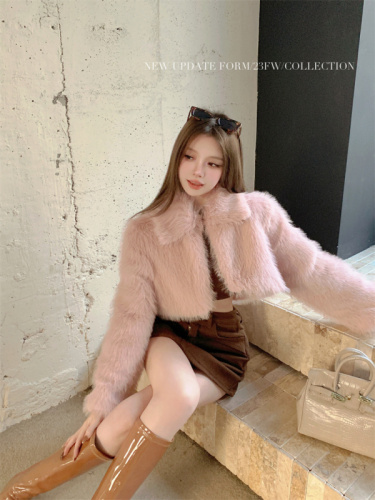 Actual shot of Xiaoxiangfeng fur lapel short fur coat pink fashionable cardigan top warm jacket