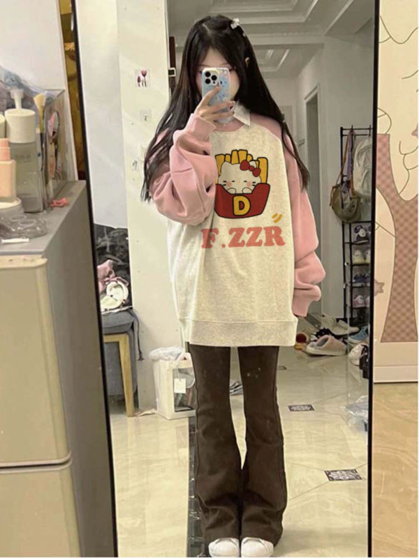 加絨加厚衛衣2023新款oversize美式高街小眾設計感秋冬無帽上衣女