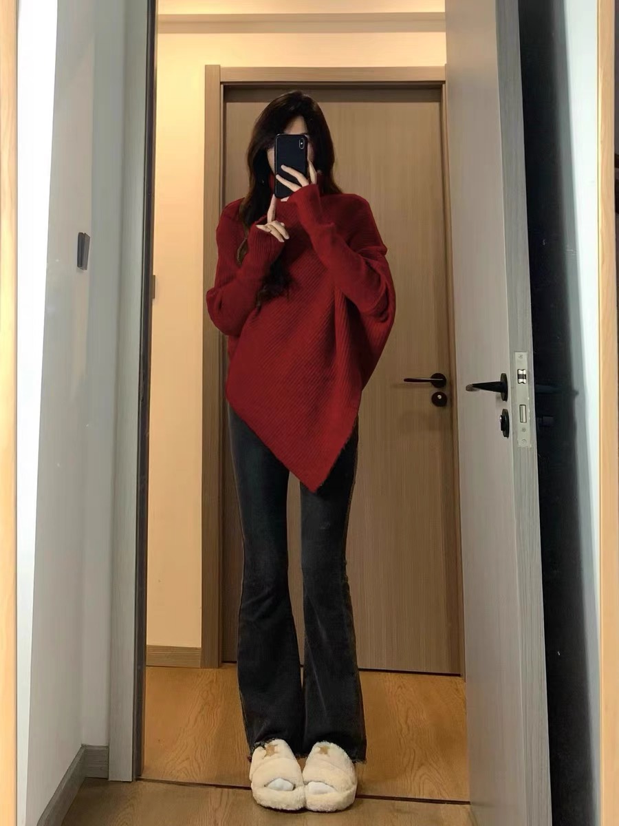 高領不規則小眾設計感毛衣女秋冬韓版寬鬆慵懶風軟糯針織上衣加厚
