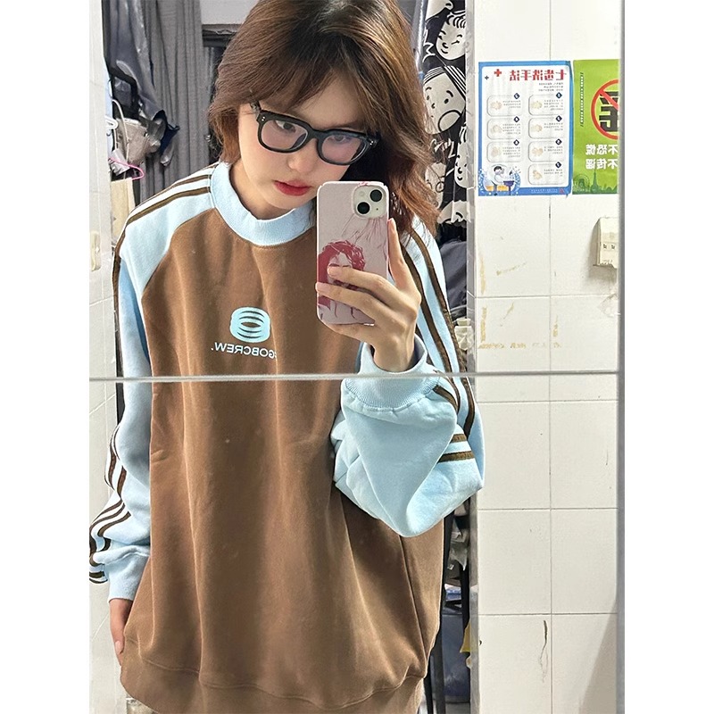 仿棉複合銀狐絨插肩條紋圓領衛衣女秋冬加絨加厚上衣