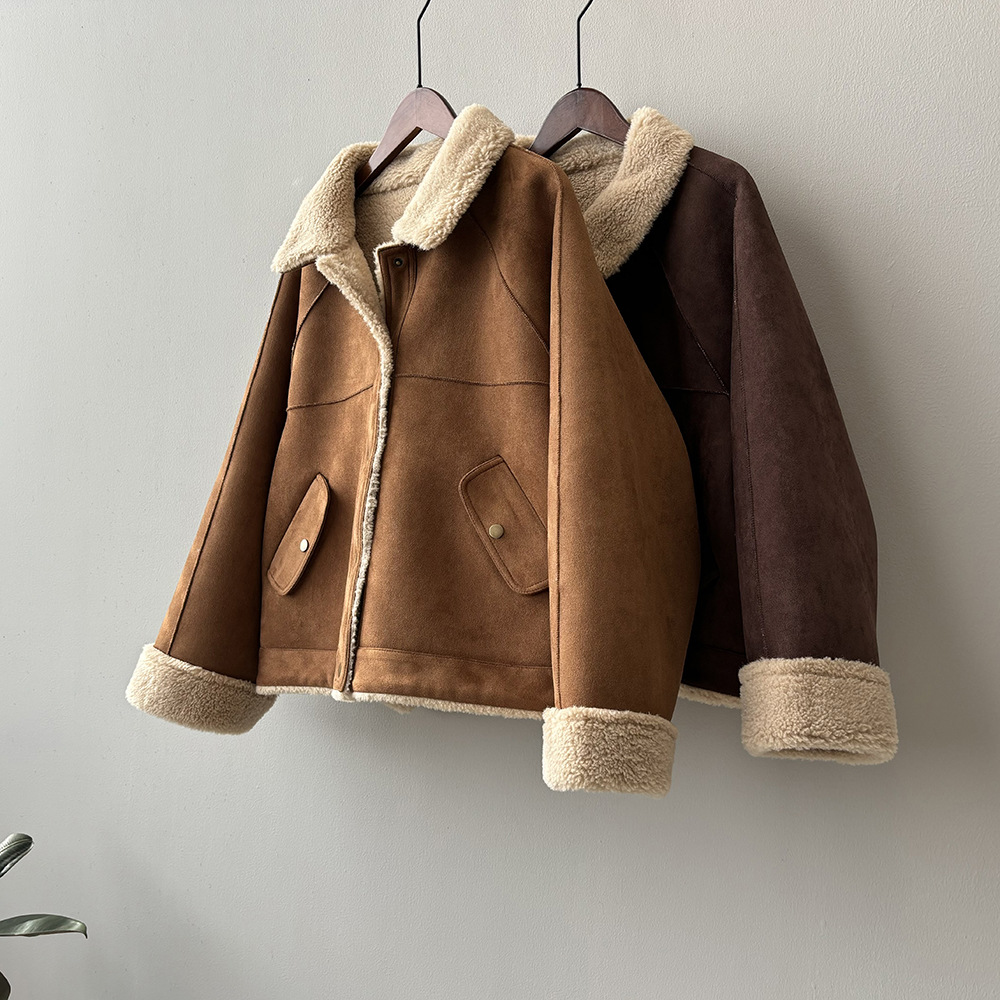 Real shot!  Fur integrated suede jacket for women winter imitation lamb wool short thickened motorcycle jacket