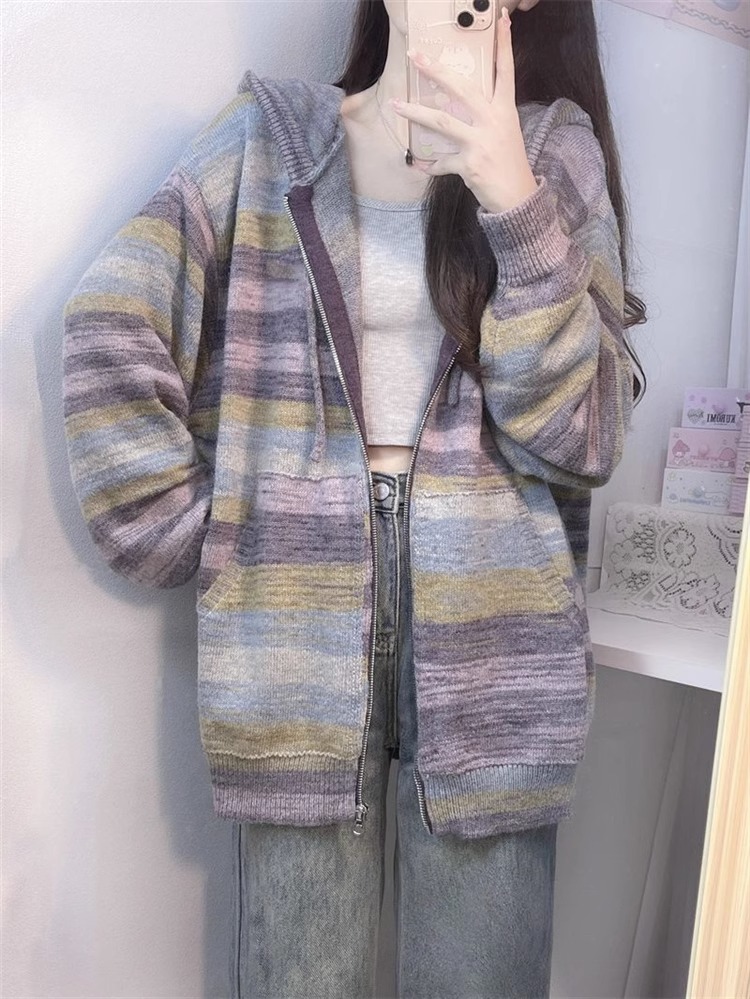 拼接彩虹條紋連帽開衫毛衣女2023秋冬新款小香風拉鏈針織外套上衣