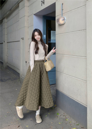 Real shot!  Korean chic winter all-match rhombus thickened quilted high-waisted hip-covering slimming A-line skirt