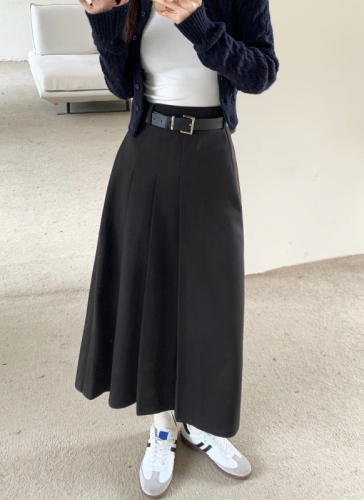 Real shot 2023 winter new retro woolen pleated skirt women's high waist mid-length a-line skirt comes with belt