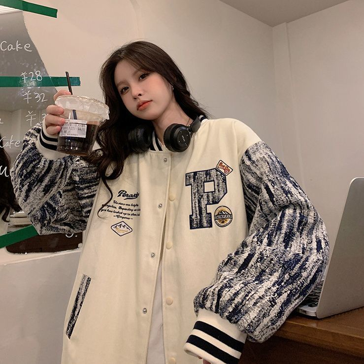 Retro Spring and Autumn Baseball Uniform Jacket Women's New Trendy Student Korean Style Loose Spliced ​​Tie-Dye Sleeve Jacket