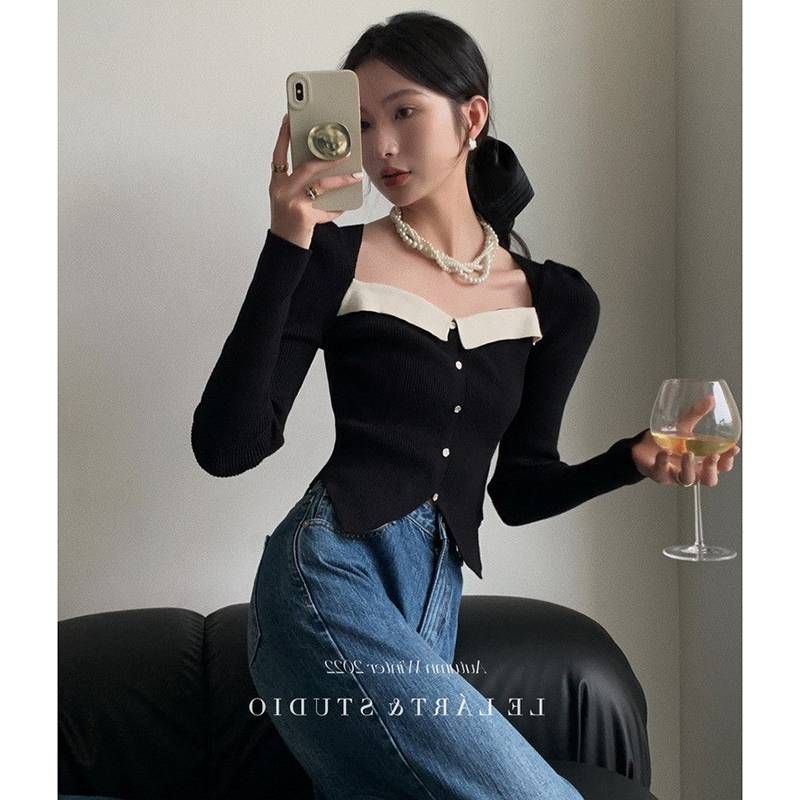 法式小眾拼色方領泡泡長袖女秋冬新款修身顯瘦氣質打底設計感上衣