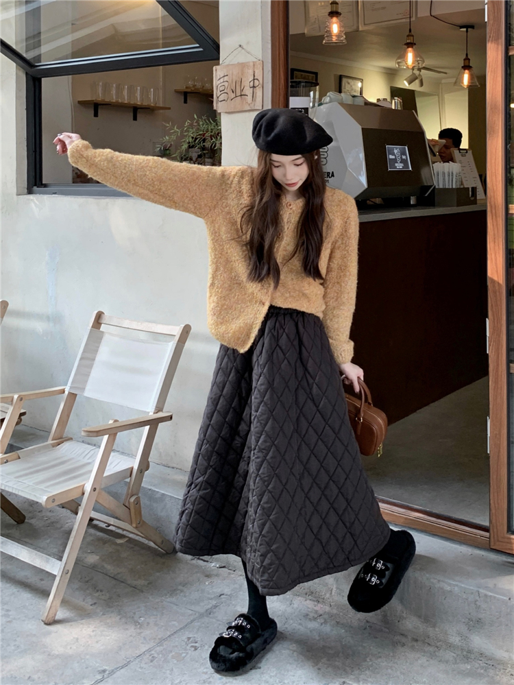 Real shot!  Korean chic winter all-match rhombus thickened quilted high-waisted hip-covering slimming A-line skirt