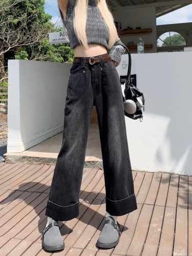 Actual shot#New black denim trousers for women with design cuffed straight wide-leg pants