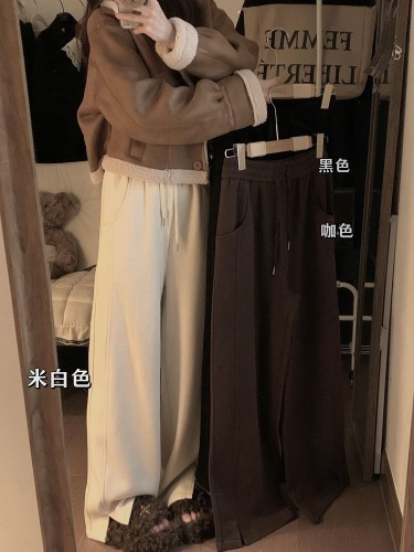 Actual shot of trousers with slits and velvet wide-leg pants, winter new slimming high-waisted drawstring casual pants, straight-leg pants