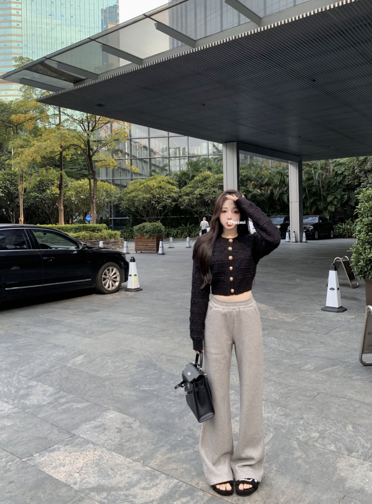 實拍黑色小香外套修身氣質針織開衫高腰顯瘦拖地垂感闊腿褲