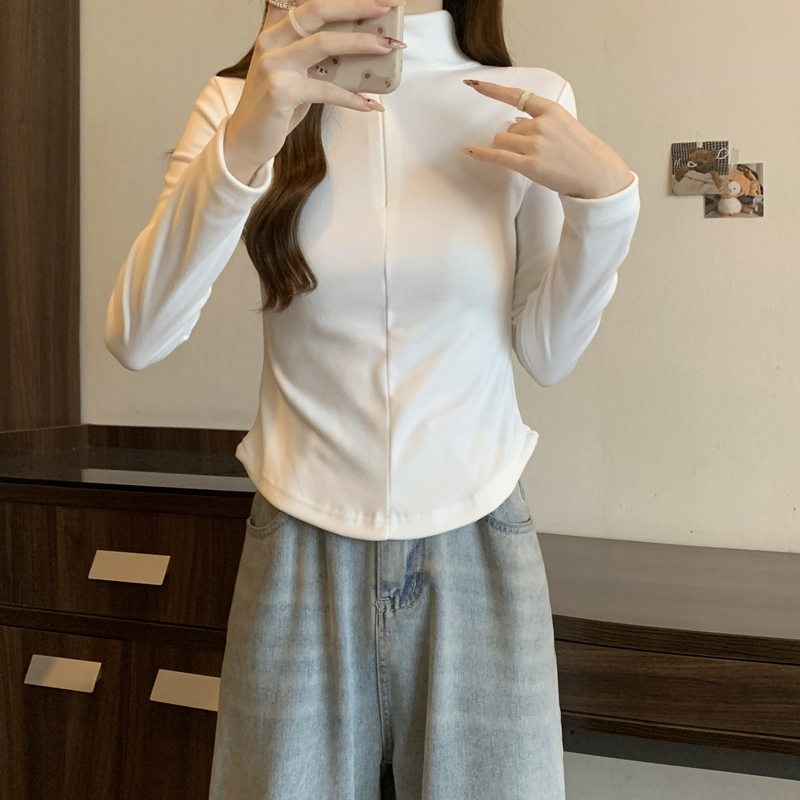高腰短款緊身polo拉鏈長袖T恤打底衫冬女內搭薄絨正肩上衣