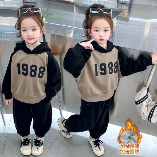 女童冬装卫衣加绒套装2023年新款洋气儿童连帽韩版时尚童装两件套