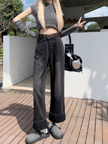 Actual shot#New black denim trousers for women with design cuffed straight wide-leg pants