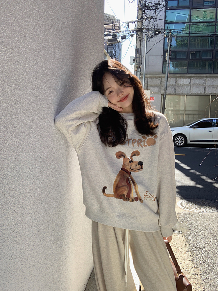 小個子棕色寬鬆休閒卡通印花圓領套頭衛衣女上衣秋冬季