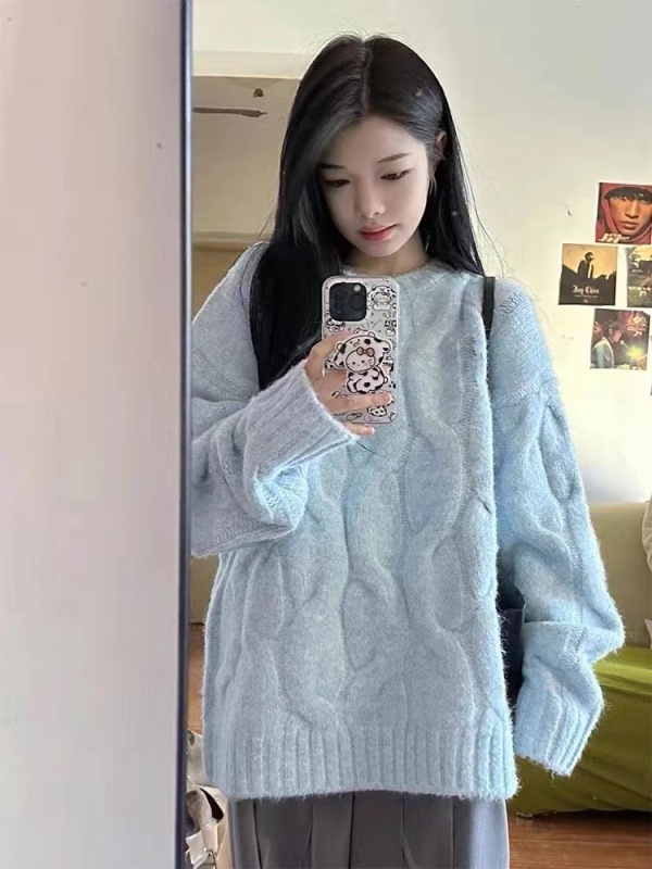 復古麻花圓領毛衣女秋冬新款韓版寬鬆長袖針織衫上衣